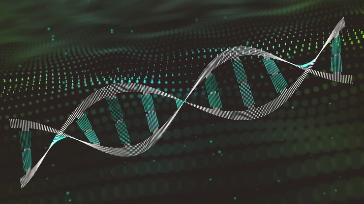 On load DNA helix appearing centered oscillating rotating while cyan lights moving showing motion