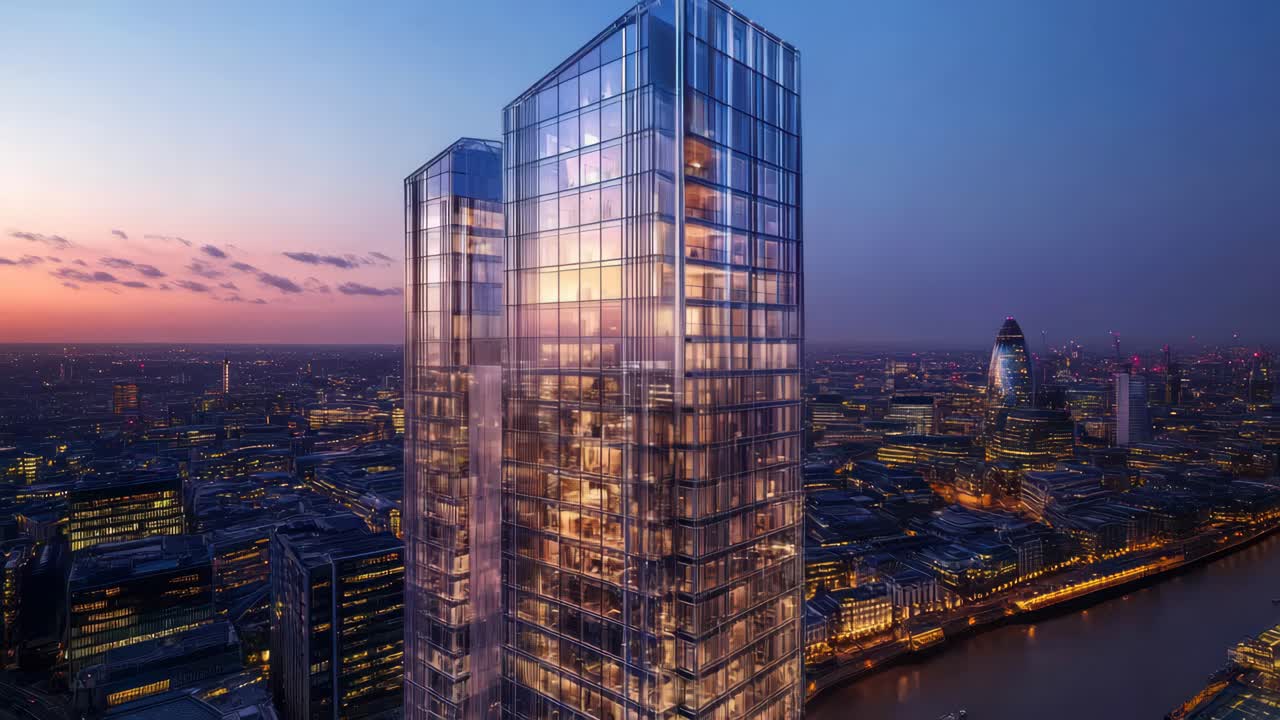 Aerial video view of modern glass skyscrapers at sunset, reflecting city lights