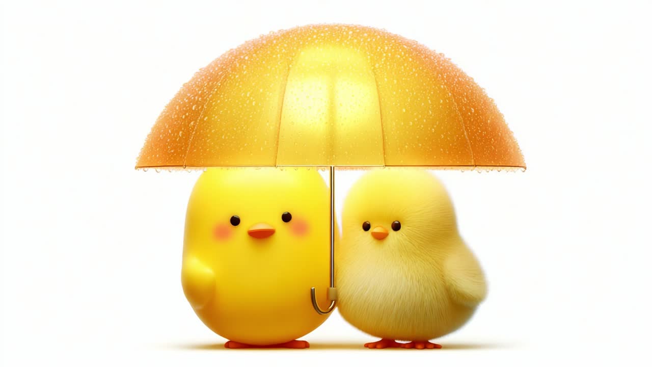 Cheerful and Playful Cartoon Chicks Embracing Under a Bright Yellow Umbrella, Showcasing Friendship and Joy in a Whimsical Rainy Scene, Perfectly Captured for Cute and Heartwarming Imagery