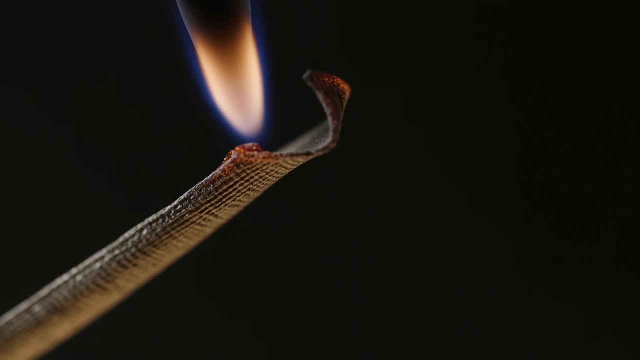 Close macro scene of textured abrasive strip touched by flame, with localized ignition, glowing ember, charred edge, lifted fragment, and strong contrast across curved dark surface