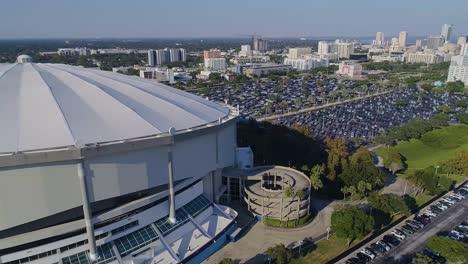 4k aerial drone video of tropicana field and full parking lots next to interstate 275 in downtown st