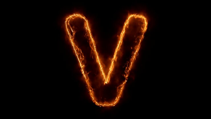 Scritta Lettera V con animazione a fuoco ardente realistica e fiamme in loop