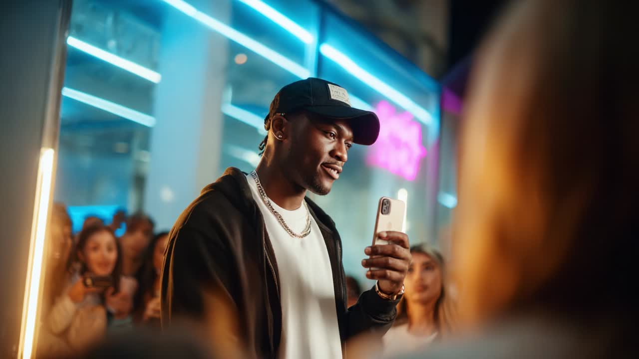 A charismatic young man engages with an enthusiastic audience while using a smartphone, capturing the moment in a lively urban setting filled with bright lights and intrigued onlookers, highlighting modern interaction