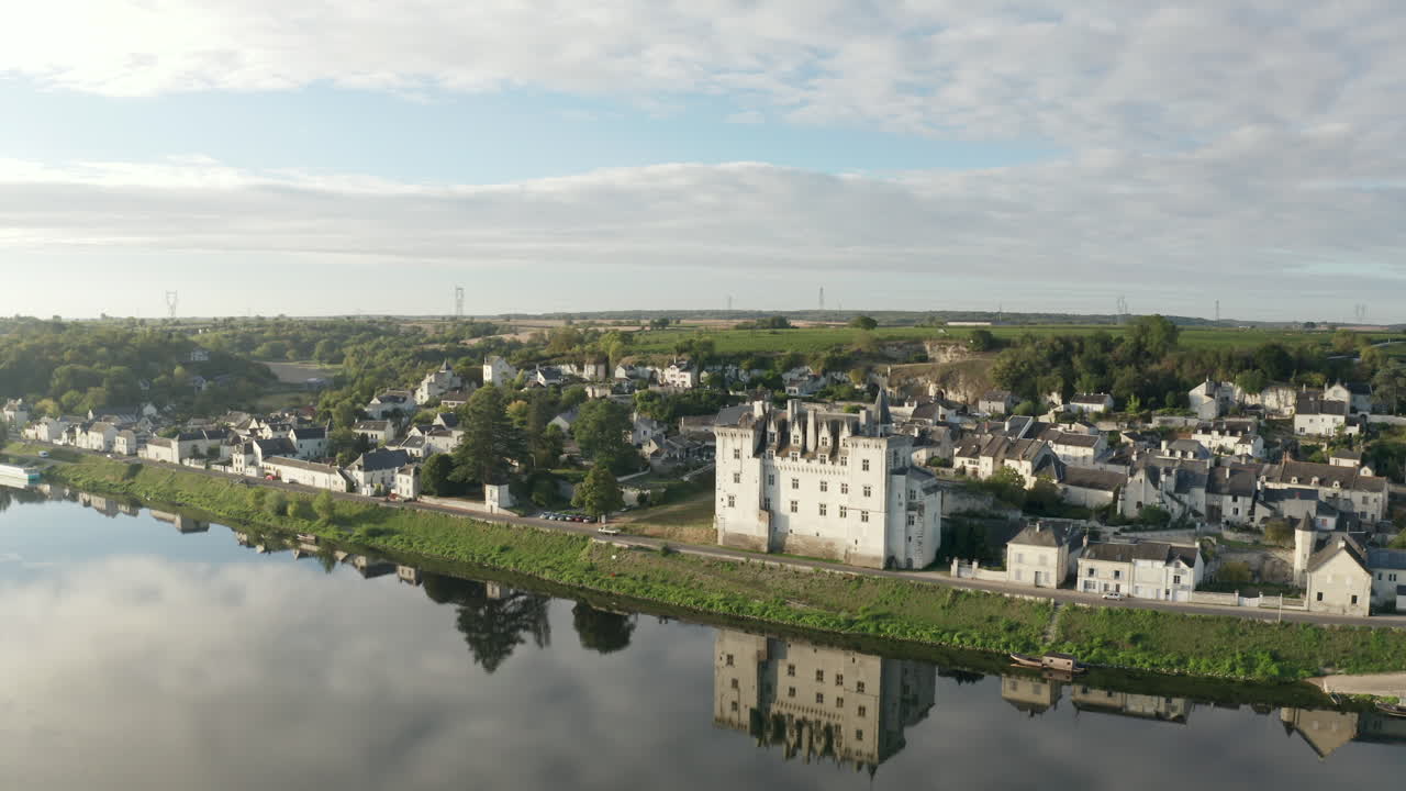 Punto di vista aereo con drone del Castello di Montsoreau e del fiume Loira nella Valle della Loira in Francia.