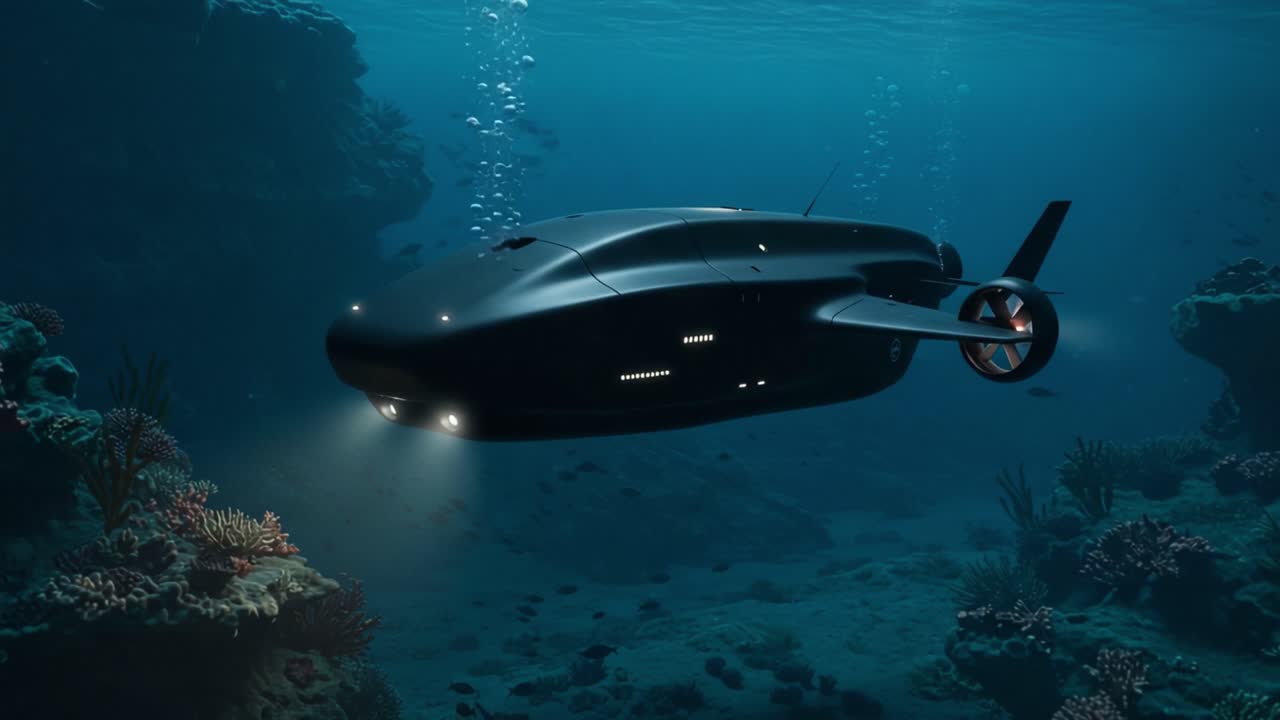 Exploring the Depths: An Advanced Submersible Vessel Navigates Through Vibrant Coral Reefs and Mystical Underwater Landscapes, Illuminating the Ocean Floor's Wonders