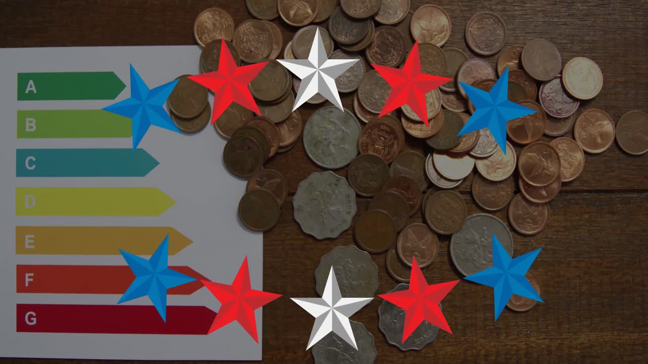 animación de estrellas sobre monedas sobre fondo de madera