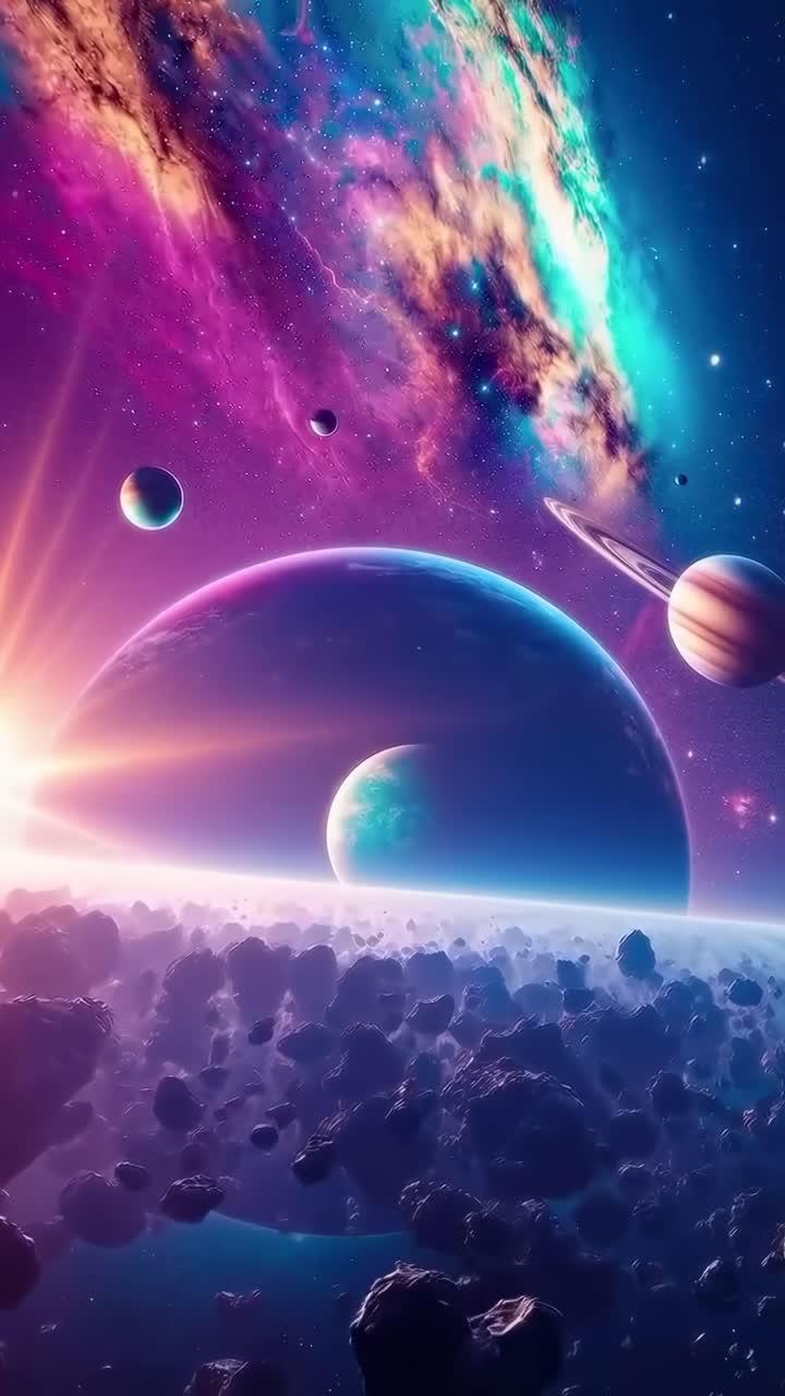 A cosmic video scene with a low-angle view of planets and asteroids in vibrant colors