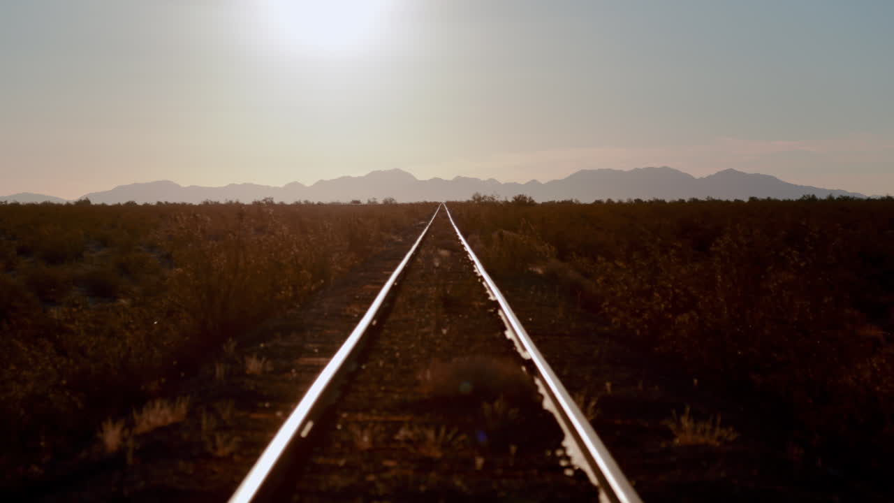Railroad tracks stretching into the desert landscape
