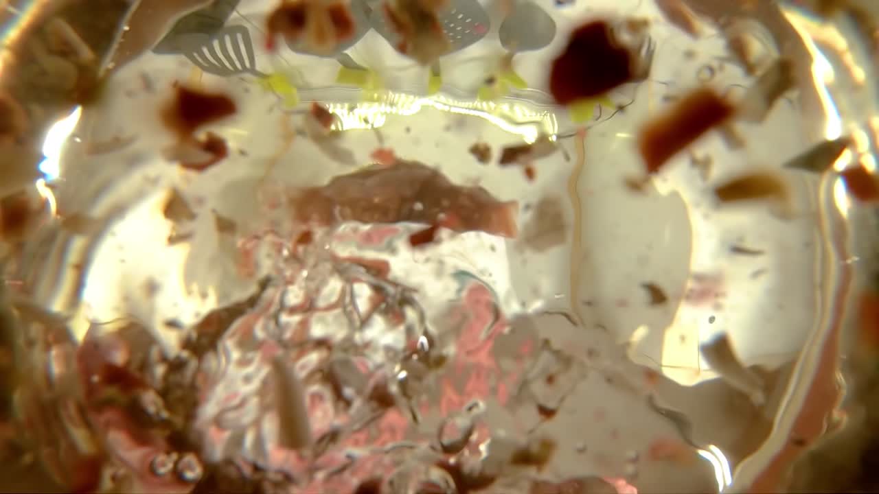 셰프는 채소 수프를 준비합니다. 셰프는 수프에 향신료를 첨가합니다. 팬에서 느린 영상으로 볼 수 있습니다.