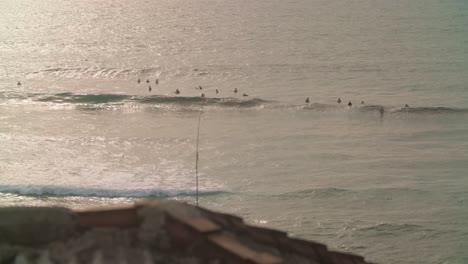 sunset surf: surfers riding waves in golden light