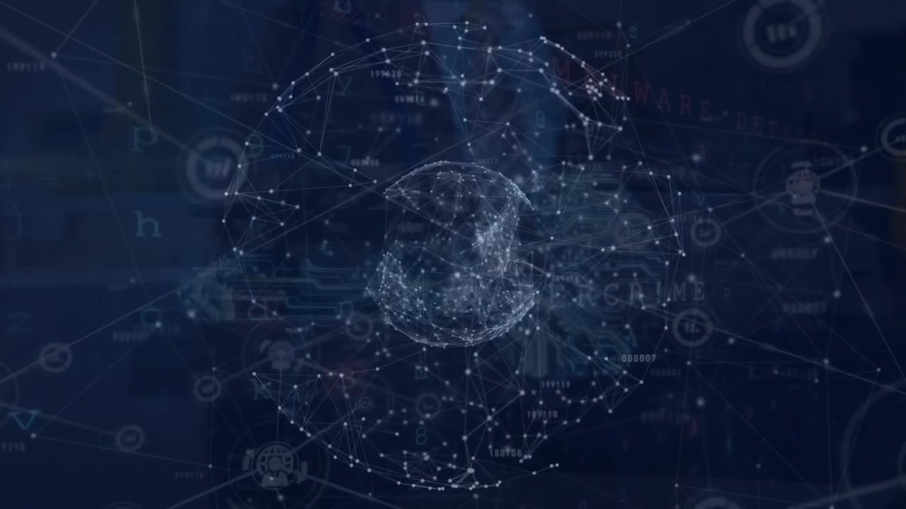 Animation of businessman touching 3d car, connected dots and icons with rotating globe