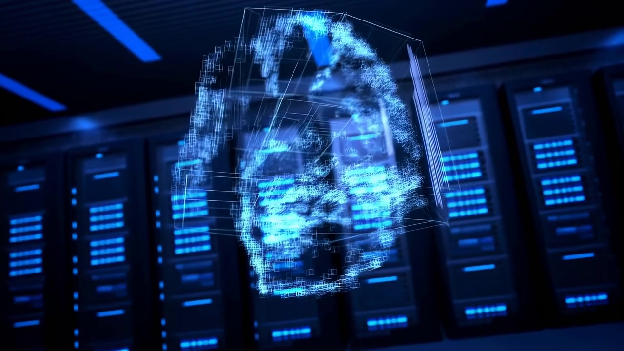 Blue digital fingerprint interface floating in front of illuminated server racks, creating a futuristic scene of identity verification, cybersecurity, data