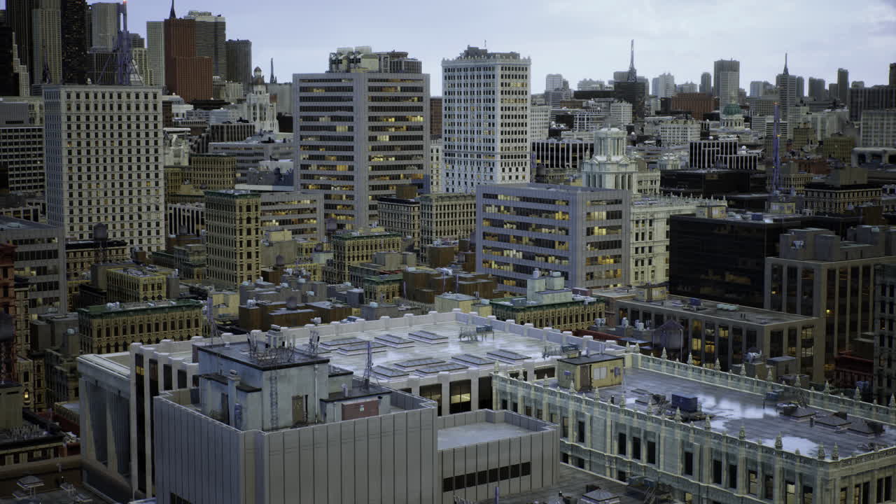 Urban skyline view showcasing diverse architecture and city life at dusk