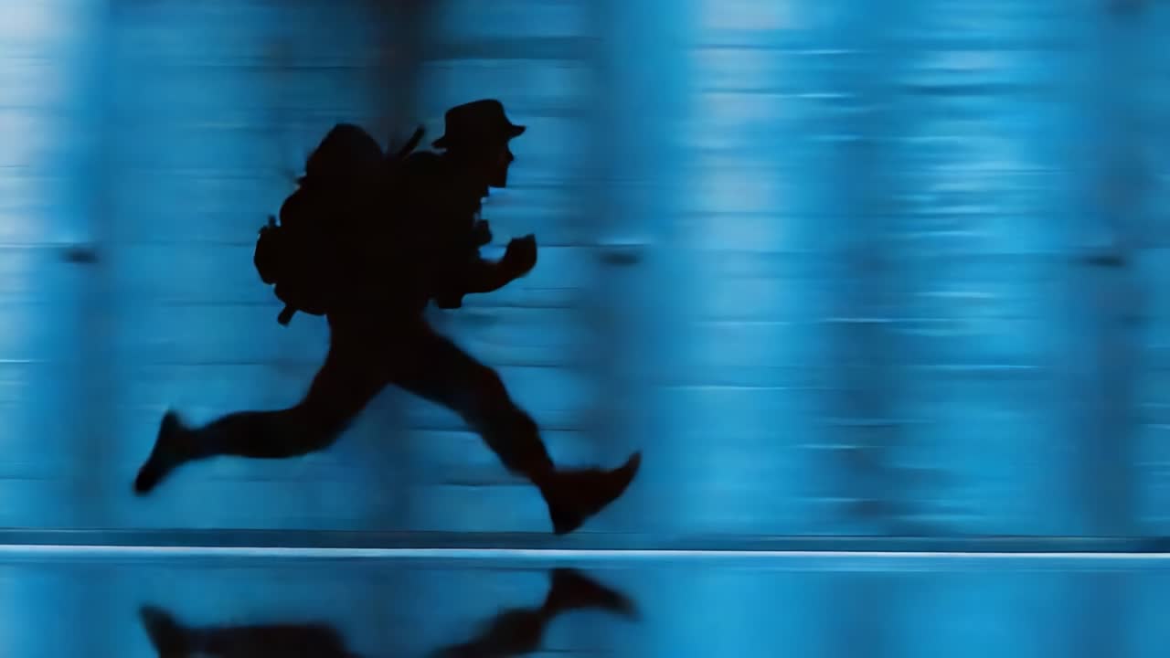 A Mysterious Figure in Motion: Capturing the Essence of a Runner with a Backpack Moving through an Ambient Blue Environment