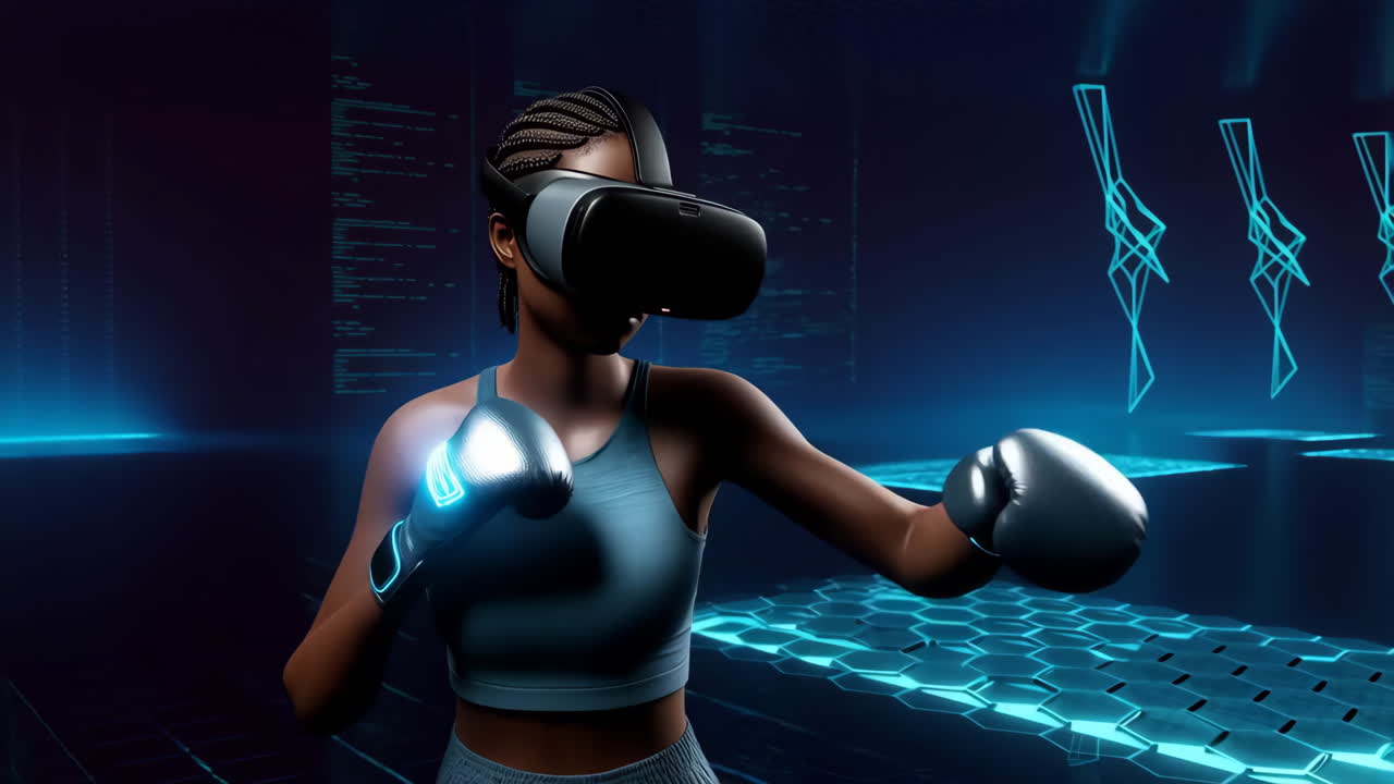 Woman Engaged in Virtual Reality Boxing Training