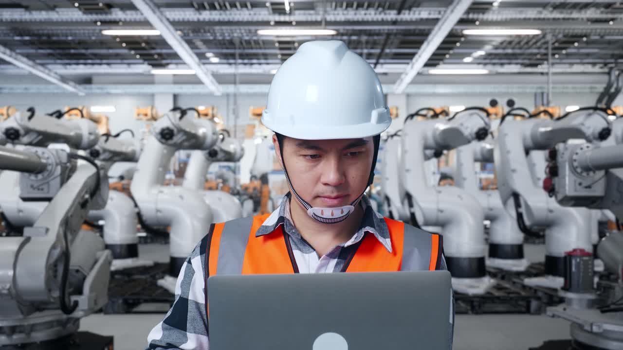 ingegnere che lavora su un portatile in una fabbrica con braccia robotiche