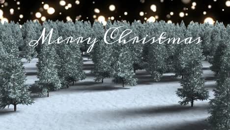animation of christmas greetings text over snow falling in winter scenery
