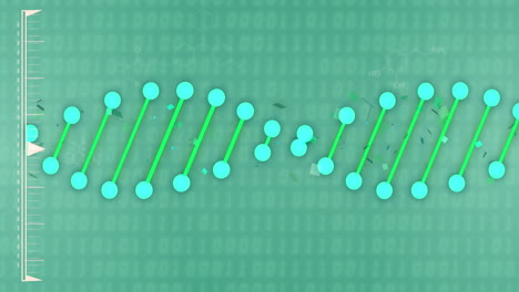 animation of data processing with dna strand and chemical formula on green background