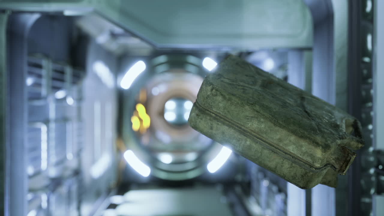 Unknown canister floating in a futuristic corridor filled with light