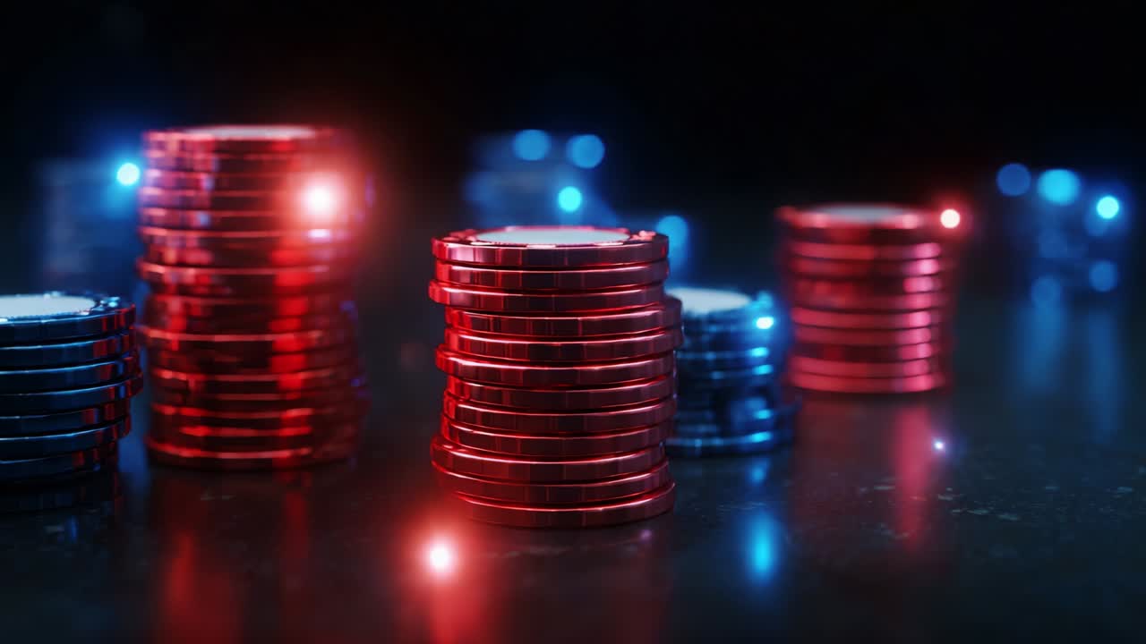A Captivating Display of Stacked Red and Blue Poker Chips Glowing in an Elegant Setting, Highlighting the Intricacies and Vibrancy of Casino Gaming, Perfect for Illustrating High-Stakes Excitement and Competition