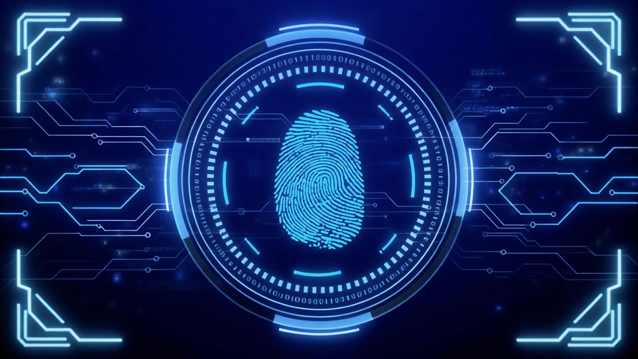 Digital Fingerprint Scanning Interface on Futuristic Blue Background