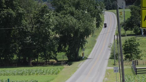 an amish horse and buggy riding along the road on the countryside