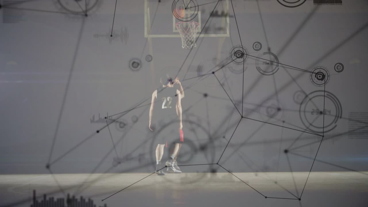Basketball players facing attacker starting crossover to score network overlay obscuring players