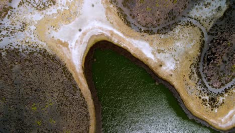 aerial view over of cotacotani lagoon, lauca national park in chile - top down forward, drone shot