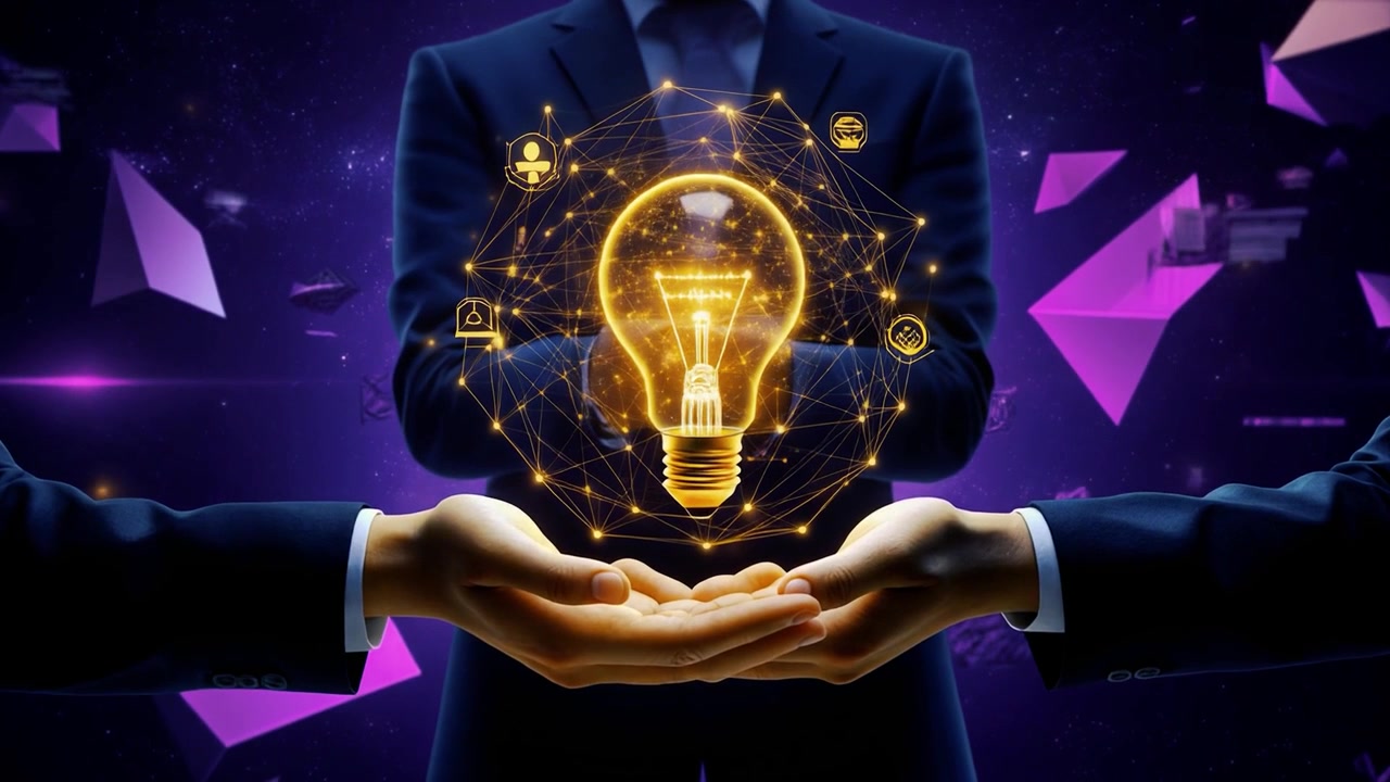 Businessman Holding Glowing Digital Lightbulb Symbolizing Innovation and Business Strategy