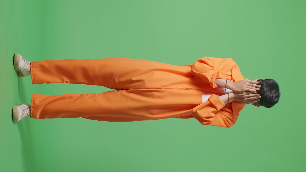 Full Body Of Sad Asian Male Prisoner In Handcuffs Crying While Standing On The Green Screen Background, The Criminal Repents And Cries
