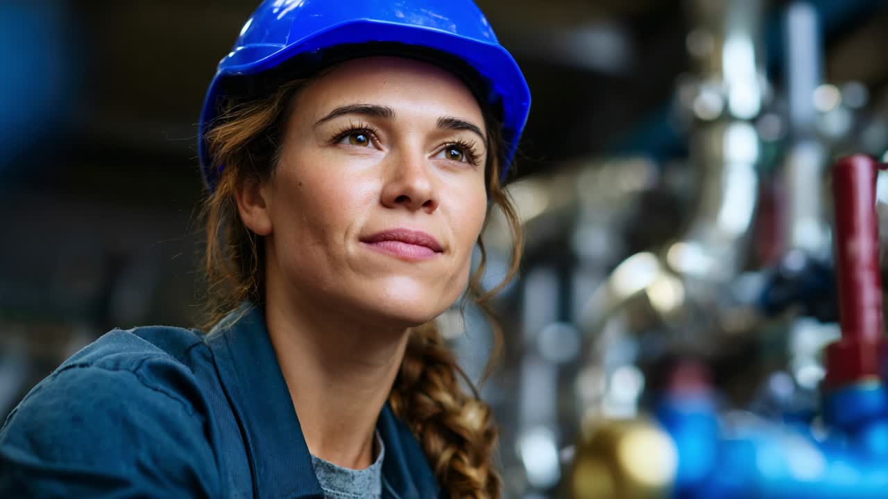 Focused Professional Engineer in Safety Helmet Analyzing Equipment in Industrial Environment Showcasing Problem-Solving Skills and Dedication to Safety and Excellence in Engineering Field