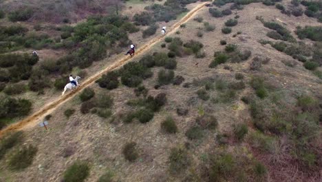 Vista-Aérea-De-Tres-Caballos-Corriendo-En-Un-Ambiente-Desértico