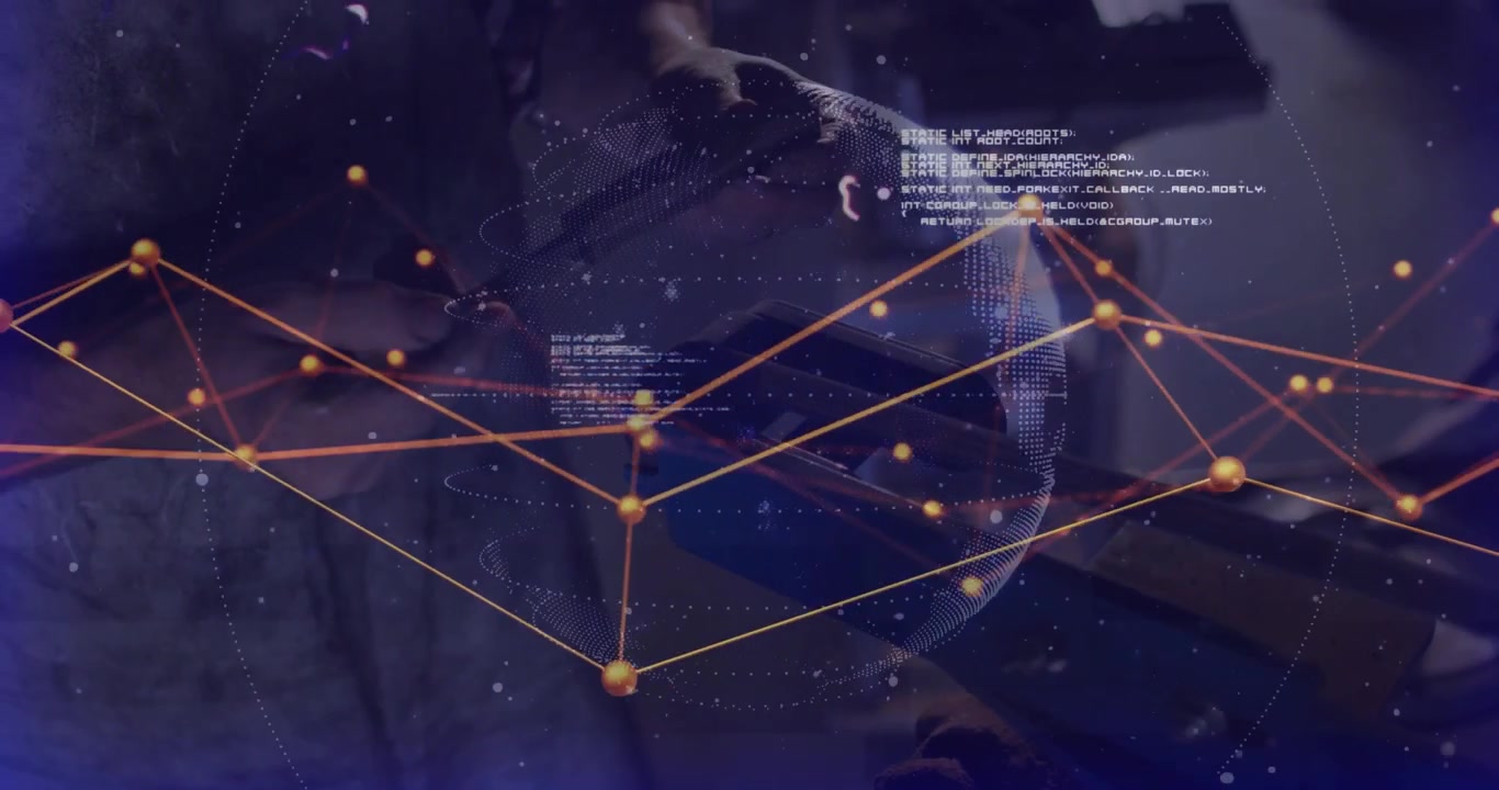 Engineer lifting device initiating rotating globe nodes and code scrolling for network monitoring
