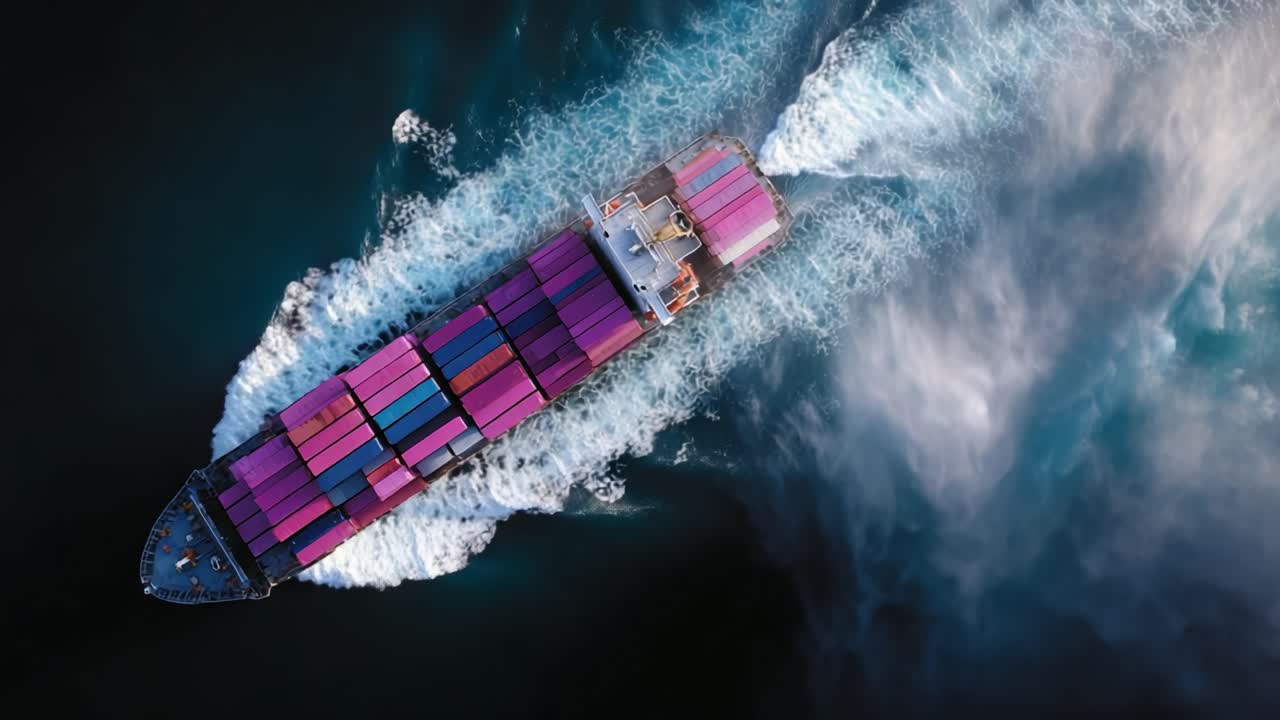 Aerial View of a Container Ship Navigating Through Deep Waters, Showcasing Its Colorful Cargo and Powerful Wake in Motion