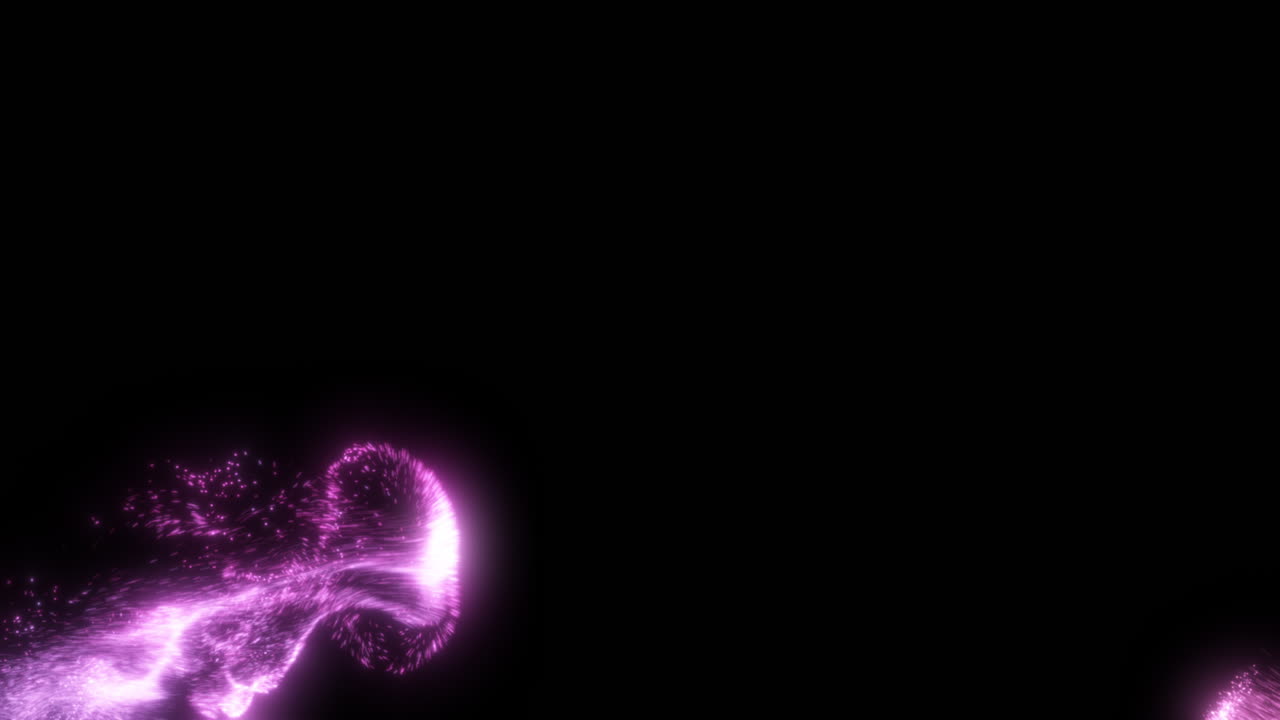 우아한 빛나는 보라색 액체 입자가 터져서 상호 작용합니다.