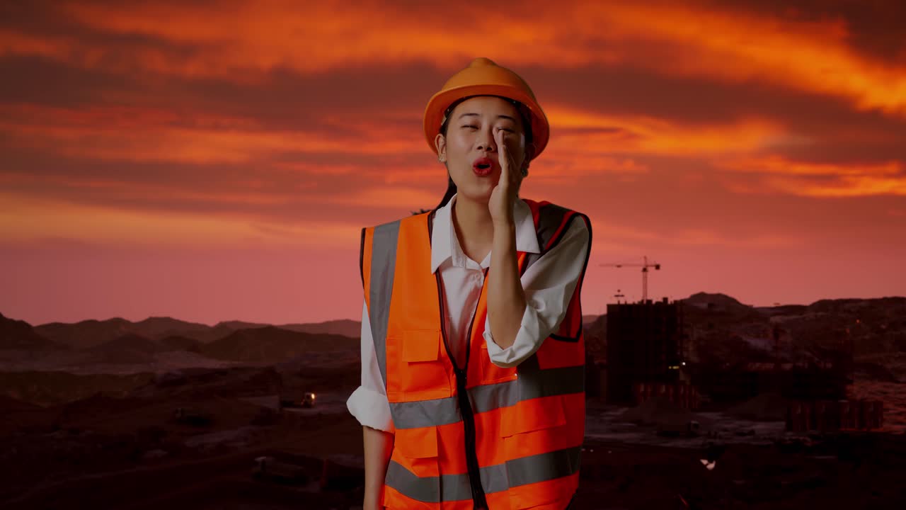 trabajador de la construcción gritando al atardecer