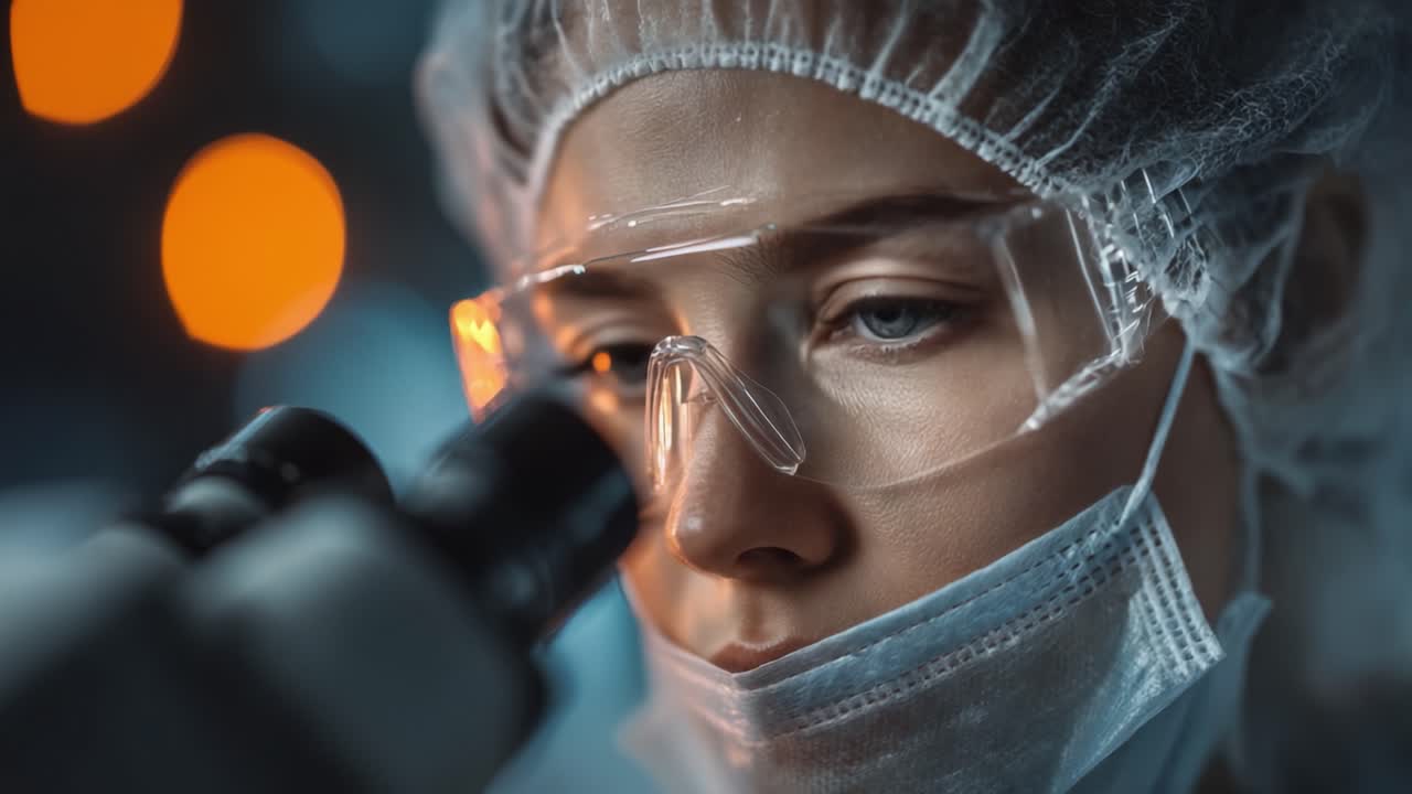 Ricercatore concentrato analizza campioni al microscopio, esemplificando la dedizione e la precisione dell'esplorazione e della scoperta scientifica moderna.