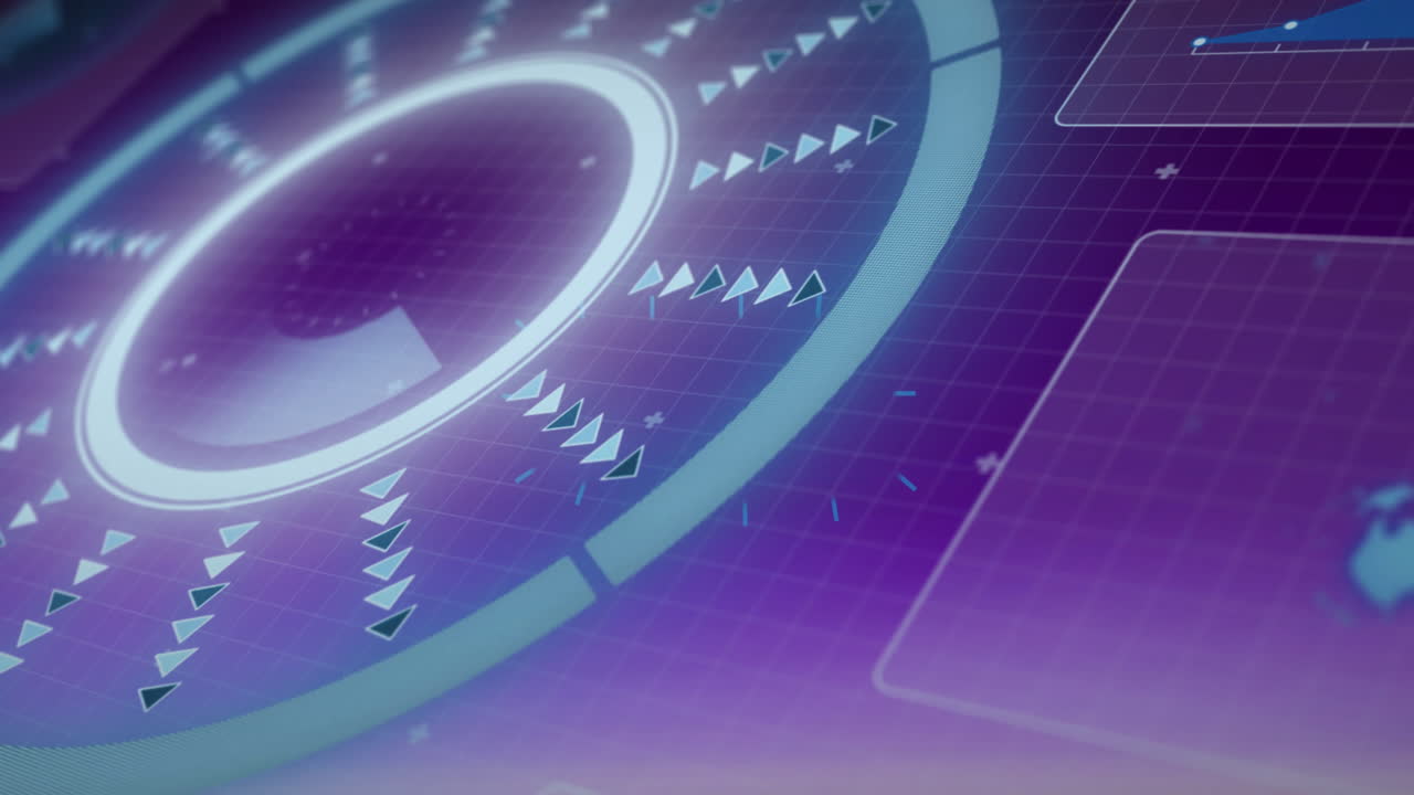 기하학적 모양의 애니메이션, 로딩 서클의 화살표, 추상적인 배경에 있는 그래프 및 지구