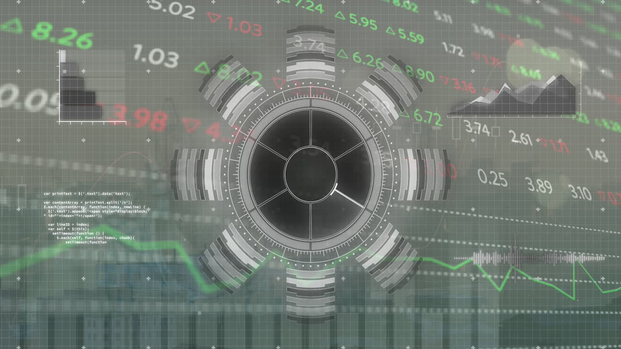 둥근 스캐너의 애니메이션과 주식 시장 데이터 처리가 도시 풍경의 공중 전망에 대해