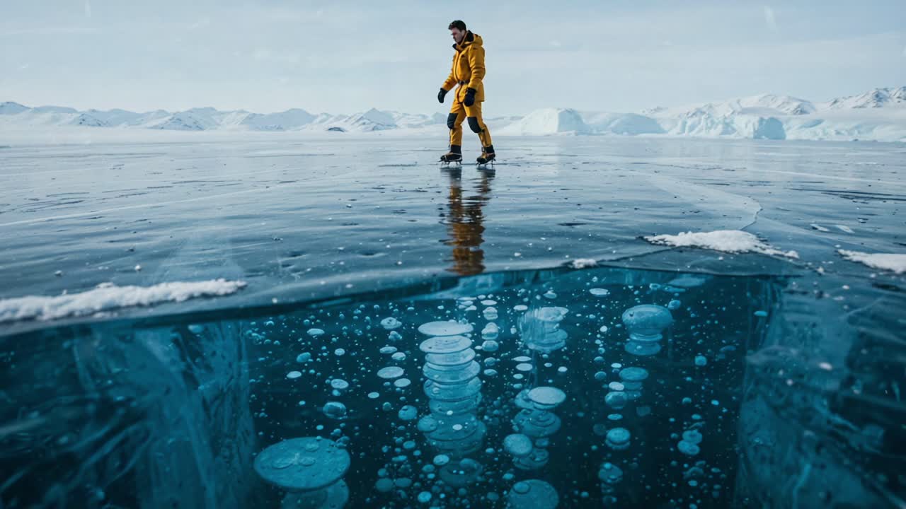 A solitary figure clad in bright yellow traverses a vast icy landscape, gliding over a translucent frozen surface that reveals mesmerizing bubble formations below