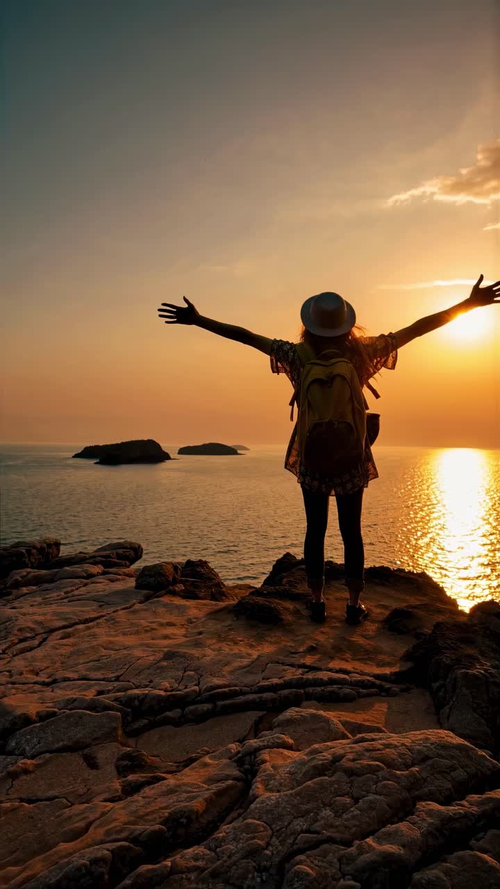 Silhouette of a traveler with arms outstretched, facing the sunset over the ocean
