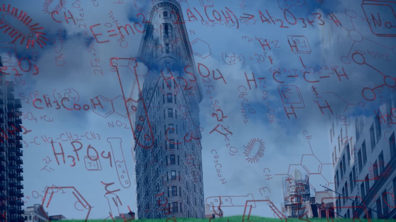 도시 풍경 배경에 화학 공식의 애니메이션
