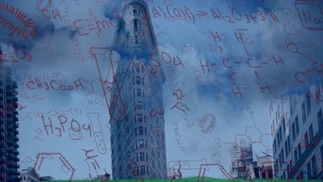 Animation-of-chemical-formulas-on-cityscape-background