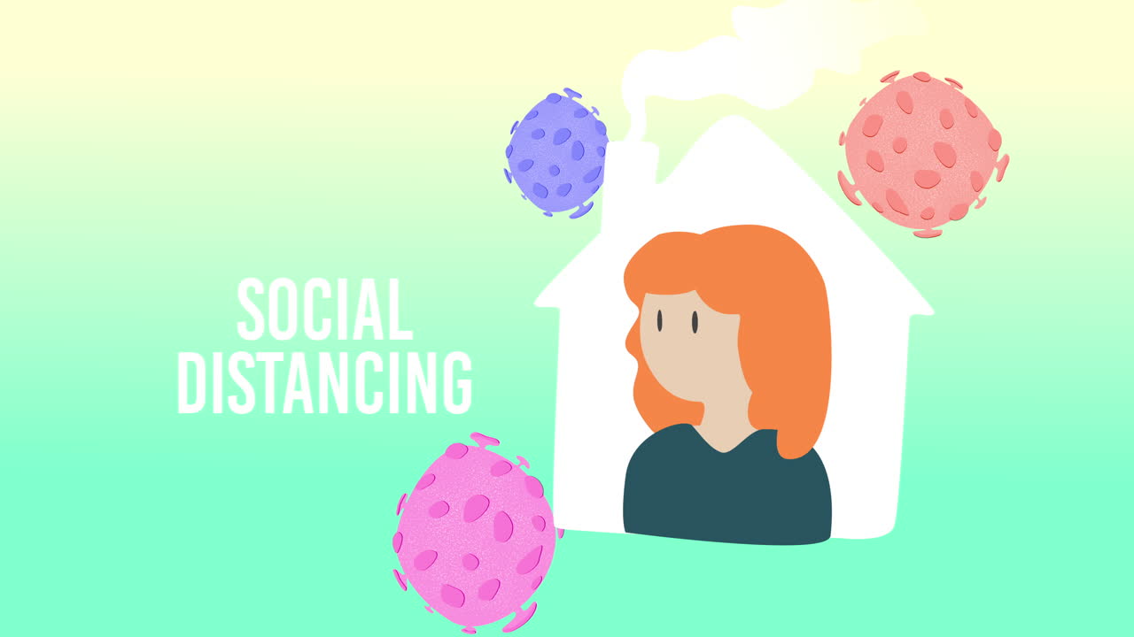 디지털 애니메이션은 녹색 배경에 사회적 거리 두기와 코로나19 세포를 보여줍니다.