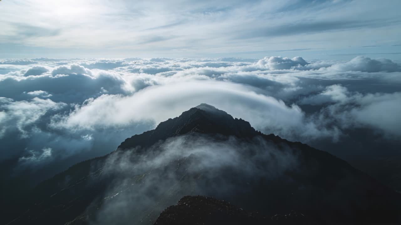 Pilota che avvia l'avvicinamento del drone, il drone riprende la cima con una nuvola a cappuccio sopra le nuvole per rivelare la cresta montuosa