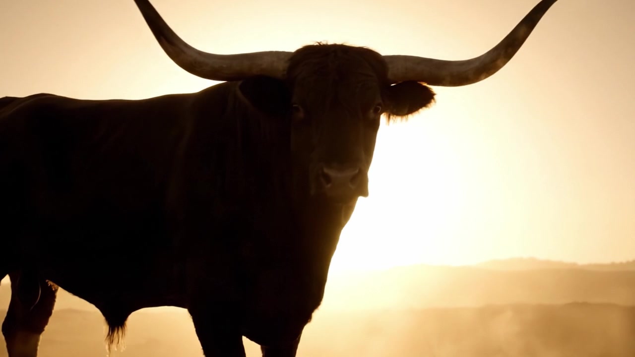Maestosa silhouette di un toro contro un'alba dorata, che cattura l'essenza della potenza e della bellezza della natura in un paesaggio desertico