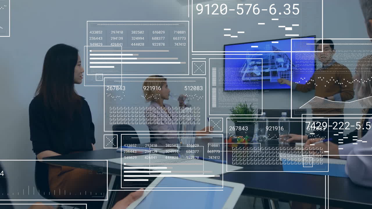 Animation of financial data processing over diverse business people in office
