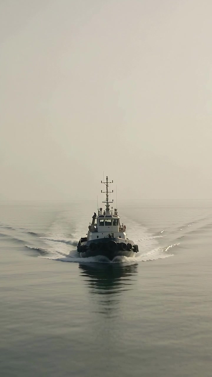 Vídeo vertical: Rebocador navegando no mar movendo-se em direção à lente vindo do horizonte, tripulação equipada criando esteira em serviço