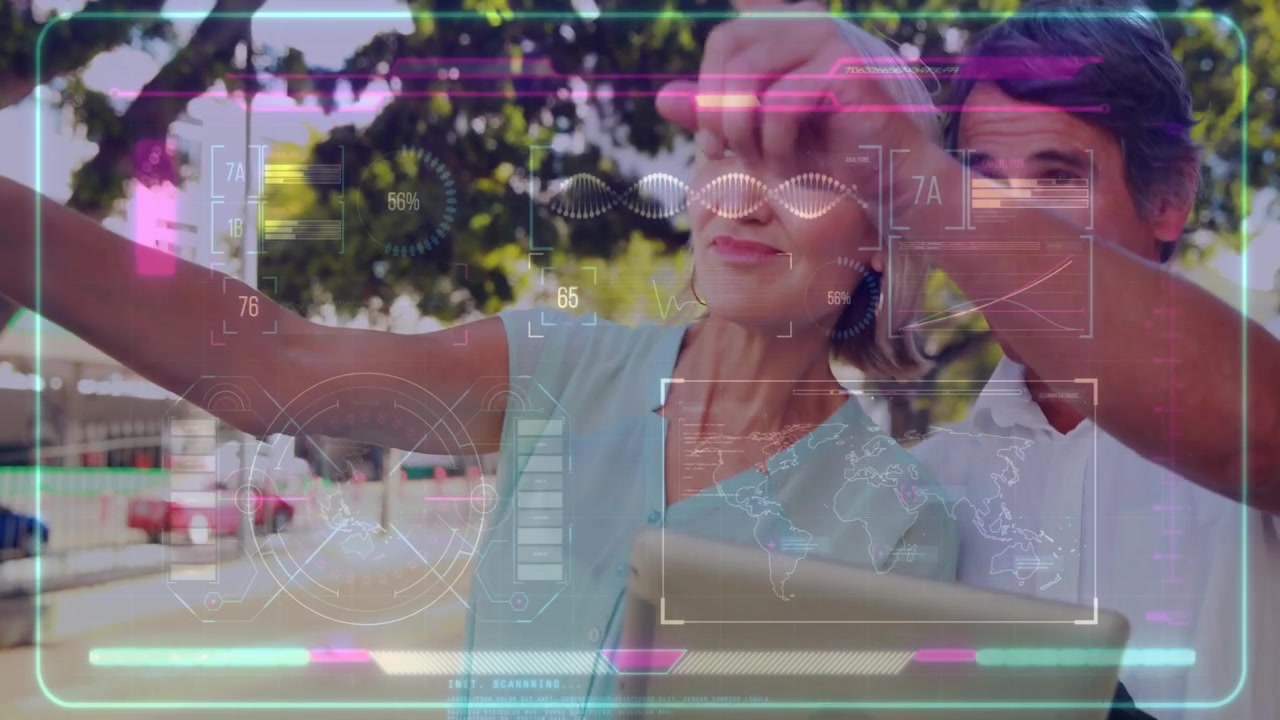 Video verticale: Donna che tiene un tablet con un uomo dietro, toccando lo schermo e attivando una mappa AR per la tecnologia.