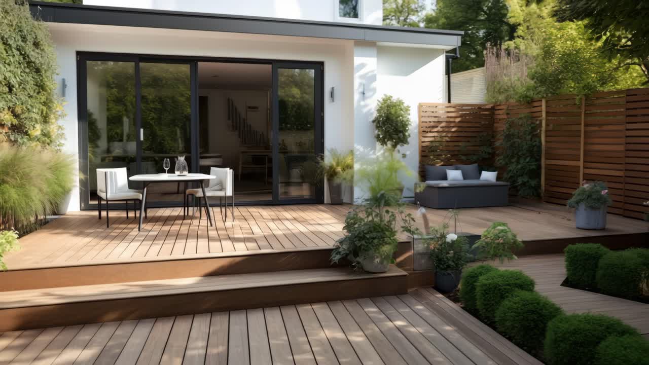 Modern patio with wooden decking, outdoor furniture, and lush greenery